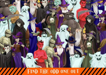 Illustration for Halloween characters quiz game. Find the odd one out puzzle or vector riddle with ghost, wizard and witch, Dracula vampire, devil of hell demon, mummy and zombie character, werewolf, death Grim Reaper - Royalty Free Image