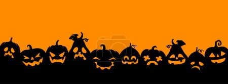 Illustration for Halloween pumpkin silhouettes panorama background. Halloween holiday vector horizontal backdrop or horror wallpaper with Jack o lantern scary and creepy faces, pumpkin smiling carvings - Royalty Free Image