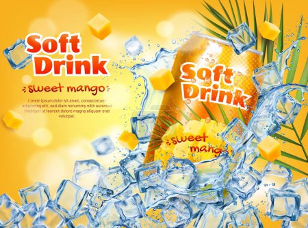 Illustration for Mango fruit drink can, ice cubes and splash. Vector ads promo poster capturing the essence of tropical indulgence, refreshing coolness and flavorful water or soda on icy blocks pile with palm leaves - Royalty Free Image