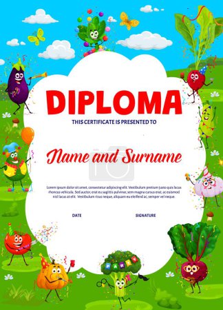 Illustration for Kids diploma, cartoon vegetable characters on holiday, vector education certificate award. Funny spinach, broccoli and tomato at birthday party celebration on school or kindergarten workshop diploma - Royalty Free Image