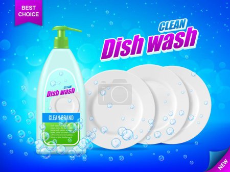 Illustration for Dish cleaner, kitchen dish soap. Detergent dishware bottle, plates and bubbles. 3d vector poster with liquid product in plastic tube and clean platters on blue background, advertising promo template - Royalty Free Image