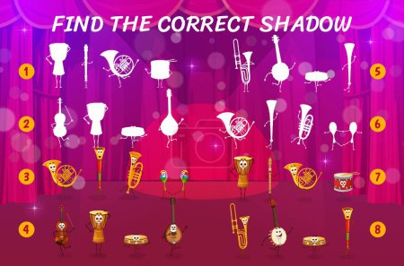 Illustration for Find the correct shadow of cartoon musical instrument characters on the stage. Shadow match puzzle vector worksheet with french horn, trumpet, maracas, violin and tambourine cheerful personages - Royalty Free Image