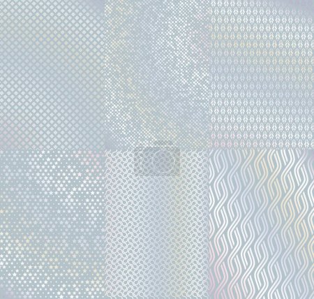 Illustration for Hologram silver foil posters, geometric background. Vector paper pieces with shimmering reflective surface and luxurious metallic finish. Isolated shining decorative sheets with holographic effect - Royalty Free Image