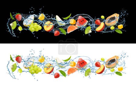 Illustration for Realistic water wave flow splash with ripe fruits. Ice tea drink. Tantalizing blend of flavors and textures of ripe papaya, watermelon, kiwi or grapefruit with berries capturing the essence of summer - Royalty Free Image