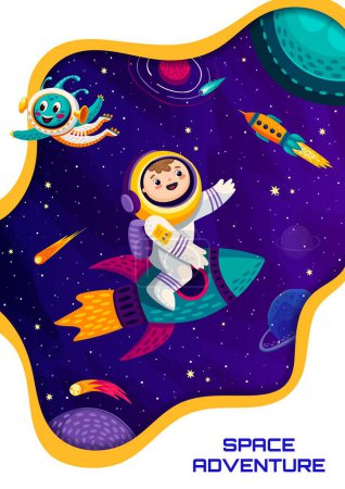 Ilustración de Cartel espacial, astronauta de dibujos animados en nave espacial volando en galaxia, fondo vectorial. Chico aventura de hombre espacial en la fantasía de galaxias con OVNI alienígena y cohete o nave espacial galáctica en planetas del espacio exterior - Imagen libre de derechos