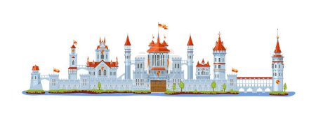 Illustration for Medieval fortress castle. Gate, tower and turret, bridge, fort, wall and palace. Isolated cartoon vector impenetrable architecture featuring towering stone facade with imposing drawbridge and flags - Royalty Free Image