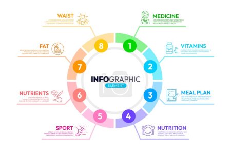 Illustration for Health care infographics on diet and nutrition, vitamins and weight control, vector diagram elements. Healthy food and body fat balance with sport and fitness meal plan in infographic chart icons - Royalty Free Image