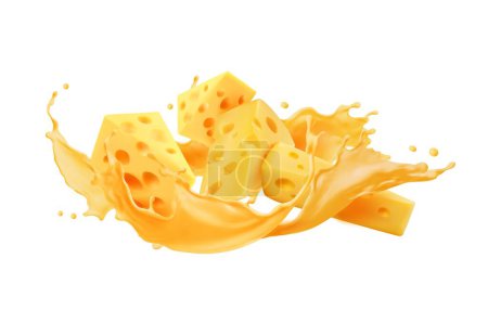 Ilustración de Gotear y derretir el queso con salpicadura. Rodajas vectoriales 3D aisladas con salsa amarilla líquida. La experiencia golosa e indulgente evoca el encanto irresistible de gotear y derretir queso con salpicaduras - Imagen libre de derechos