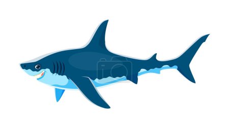Ilustración de Carácter tiburón, poderoso y magnífico animal marino con cuerpo estilizado, dientes afilados y habilidades de natación increíbles. Depredador de ápice vectorial de dibujos animados aislado que vive en los océanos - Imagen libre de derechos