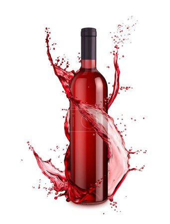 Ilustración de Botella de vino tinto y salpicadura de remolino. Matraz de vidrio elegante realista vectorial 3D aislado con un flujo de líquido giratorio, que captura el movimiento dinámico y el rico color del vino, evocando una sensación de indulgencia - Imagen libre de derechos