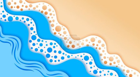 Illustration for Sea surf waves paper cut summer vacation background. Vibrant 3d vector papercut beach with turquoise foamy waves and golden sand top view. Captivating frame or border with touch of artistic elegance - Royalty Free Image