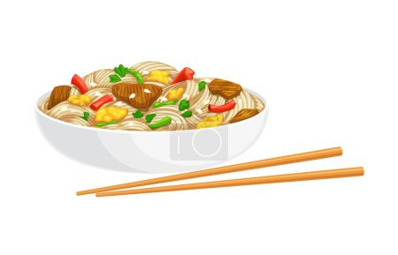 Téléchargez les illustrations : Nouilles de dessin animé, nourriture chinoise du nouvel an lunaire symbolisant la longévité et la prospérité. Bol au bouillon parfumé, servi lors de rassemblements festifs, représentant la chance et l'abondance dans l'année à venir - en licence libre de droit