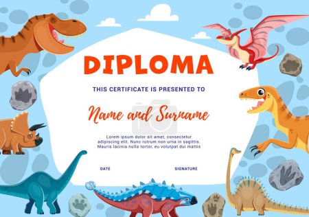 Illustration for Kids diploma, cartoon dinosaur characters and fossil stone footprints. Paleontology education school or kindergarten certificate. Vector award frame template with funny prehistoric dino animals - Royalty Free Image