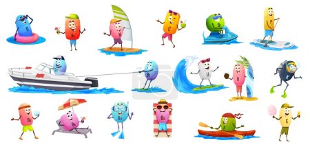 Illustration for Cartoon vitamin characters on summer vacation. Vector b9 and b6, b2, u, c and e, P, n, b1, a and h, d, and k capsule pill personages on summer beach sports and vacation - Royalty Free Image