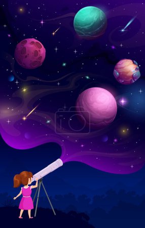 Illustration for Girl kid looking through a telescope at starry night sky and space planets. Child filled with wonder and excitement explores the vast mysteries of the Universe, learn astronomy science, observe galaxy - Royalty Free Image