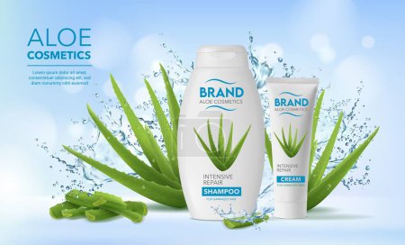 Green aloe plant moisture cosmetics, cream, shampoo and water splash. Vector ads poster with natural products mockup provide hydration and rejuvenation, offer nourishing benefits for skin and hair