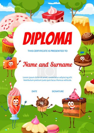 Illustration for Kids diploma cartoon sweets, desserts and cake characters on summer meadow. Vector award frame, certificate template with cute confectionery personages pudding, muffin, pie, candy, macaroon or donut - Royalty Free Image