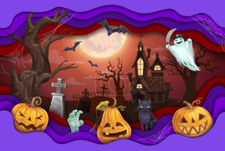 Illustration for Halloween paper cut holiday landscape. Flying on full moon bats and cemetery ghost character, witch black cat, zombie hand and Halloween Jack o lantern pumpkins, cobweb on paper cut vector background - Royalty Free Image