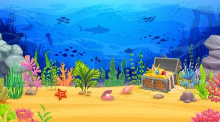 Karikatur einer Unterwasserlandschaft. Schatztruhe, Tier- und Fischschwärme und Algen. Vektor fesselnde und farbenfrohe Darstellung der lebendigen und geheimnisvollen Welt unter dem Meer, Spielebene