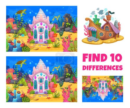 Illustration for Find ten differences on underwater landscape. Difference search kids riddle, objects comparing child puzzle or quiz vector worksheet with sea shell and sunken ship, fantasy house on sea bottom - Royalty Free Image