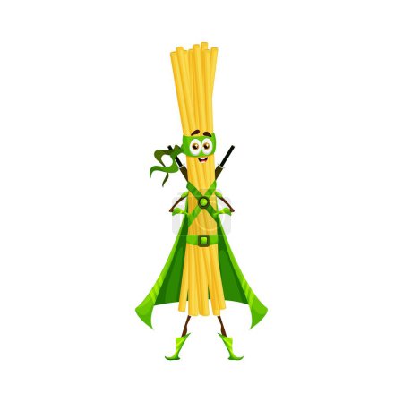 Illustration for Cartoon superhero pasta character, bucatini in super hero costume, vector warrior. Kids funny character of Italian pasta, bucatini superhero knight or guardian in green mask and power cape with swords - Royalty Free Image