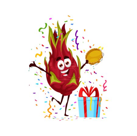 Ilustración de Caricatura alegre pitaya dragón personaje de la fruta en la fiesta de cumpleaños, fiesta de aniversario. Saludo navideño, felicitación cumpleaños, alegre y bailando con pandereta dragón fruta vector personaje - Imagen libre de derechos