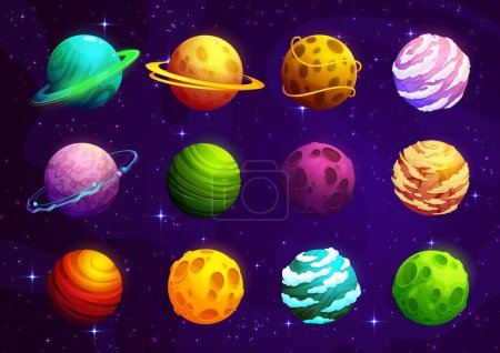 Illustration for Cartoon aline fantasy space planets of galaxy world game, vector elements. Space asteroids and stars, earth and moon planets with craters, galaxy universe or cosmos satellite planets with saturn rings - Royalty Free Image
