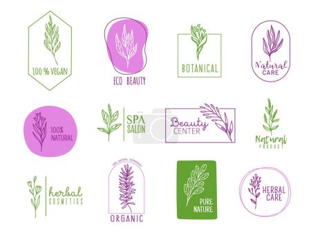 Illustration for Organic vegan food, herbal care cosmetics icons, spa and beauty symbols. Vector outline branches of eco plants with fresh leaves and flowers. Healthy vegetarian, bio, natural product labels and tags - Royalty Free Image