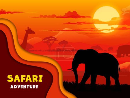 Illustration for African paper cut banner with safari animals silhouettes on sunset landscape. Scenery savanna nature background with vector elephant, giraffe and hippo, acacia trees, mountains, orange sky and clouds - Royalty Free Image