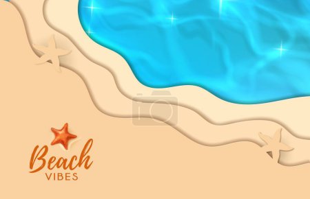 Illustration for Sea beach sand and wave paper cut banner. Vector background evoking a sense of seaside tranquility, coastal charm and serene atmosphere. Perfect for coastal-themed decorations, invitations, and crafts - Royalty Free Image