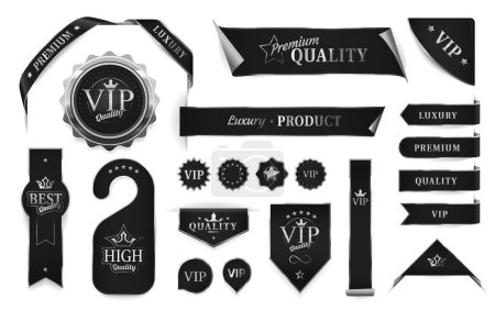 Illustration for Silver luxury labels and banners, ribbons or VIP badges and premium quality stickers, vector signs. Best product certificate labels and silver black emblems or VIP tags for exclusive high quality - Royalty Free Image