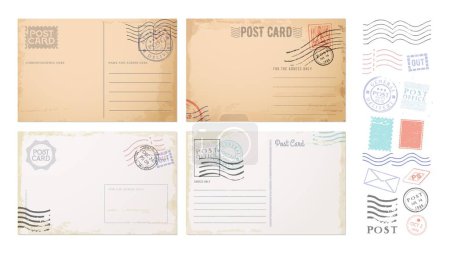 Illustration for Antique postcards, retro postage stamps and vintage mail. Old paper post card or letter vector templates with blank address frame border lines, grunge postage stamps and post office postmarks - Royalty Free Image