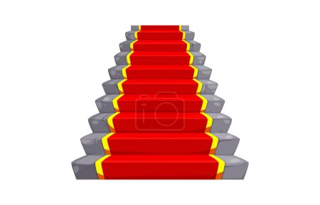 Illustration for Castle and palace staircase. Stone or marble stair with red carpet. Fantasy ballroom marble staircase, theater ladder or royal palace vector stairway, medieval castle interior element with red carpet - Royalty Free Image