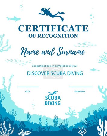 Illustration for Diver certificate, vector recognition diploma template. Document that confirms completion of diving course and ability to safely scuba dive, allowing to explore the underwater world and marine life - Royalty Free Image