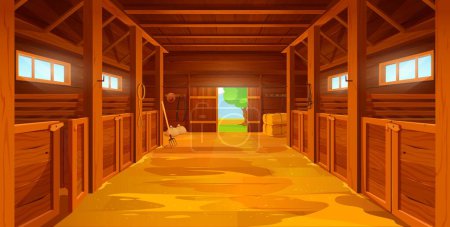 Illustration for Cartoon farm stable or barn interior with sand floor, hayloft haystacks on wooden ranch, vector background. Horse stall house, wooden stable or hay loft storehouse, equestrian barn or farmhouse inside - Royalty Free Image