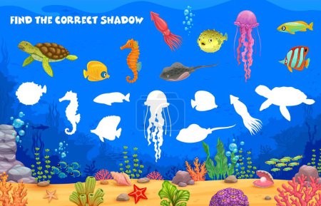 Illustration for Find correct shadow of cartoon sea underwater animals and fish, vector puzzle quiz for kids. Shadow match game worksheet with undersea silhouette of turtle, jellyfish and seahorse with squid and fish - Royalty Free Image