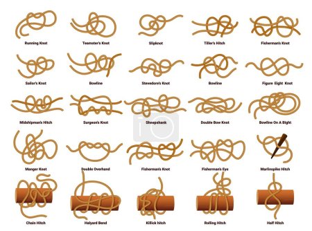 Illustration for Sailing ship rope knots, nautical sailor tie and bow vector set. Marine nodes of natural jute cords, strings and cables with loop and noose figures. Cordage system elements for sails and anchors - Royalty Free Image