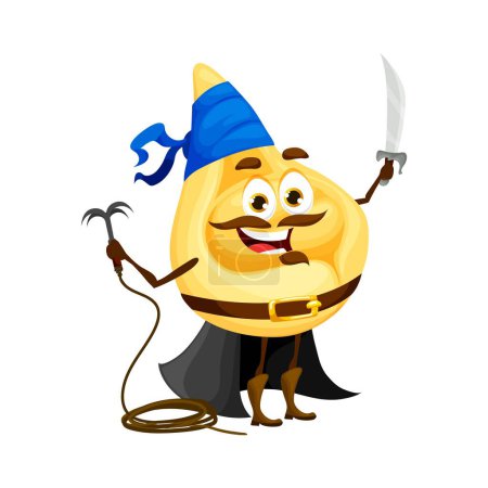 Illustration for Cartoon tortellini italian pasta pirate character. Italy cuisine classic pasta pirate funny mascot, Italian tortellini privateer isolated vector cheerful personage with saber and boarding hook - Royalty Free Image