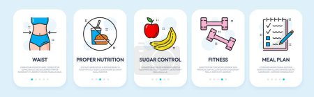 Illustration for Mobile app onboarding screen line icons of nutrition, healthy food, fitness and workout, vector page templates. Mobile application onboarding screen icons of diet and healthy eating plan for woman - Royalty Free Image