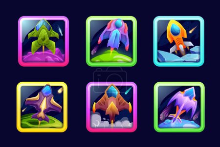 Illustration for Cartoon space game app icons with spaceships, starcrafts and rockets, vector mobile application buttons. Galaxy fantasy or space planet game interface, UI frames and phone GUI icons of cosmic shooter - Royalty Free Image