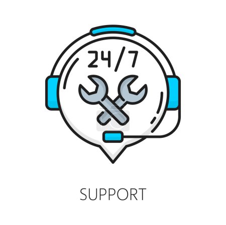 Illustration for Support, CMS content management system icon, vector thin line pictogram. Customer service help or call center icon of phone headset and wrench, 24 for 7 user support chat for CMS content management - Royalty Free Image