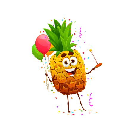 Ilustración de Personaje alegre de la fruta de piña de dibujos animados en la fiesta de cumpleaños, fiesta de aniversario. Fiesta o evento de vacaciones, aniversario y cumpleaños celebrando lindo personaje vector de frutas con globos, juguete de ping pong - Imagen libre de derechos
