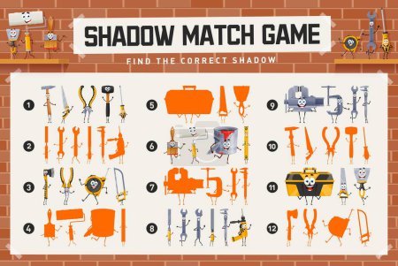 Illustration for Shadow match game worksheet, cartoon repair, DIY and work tool characters, vector kids quiz. Find and match suitable shadow silhouette of funny hammer, toolbox and screwdriver, carpentry plane and saw - Royalty Free Image