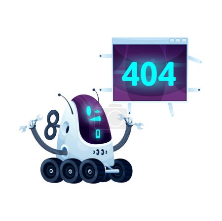 Ilustración de 404 página con pantalla de dibujos animados y robot futurista. Banner 404 de construcción de fallas de red, mensaje vectorial de advertencia de problema de conexión a Internet con un lindo personaje droide o robot sobre ruedas, llave de sujeción - Imagen libre de derechos