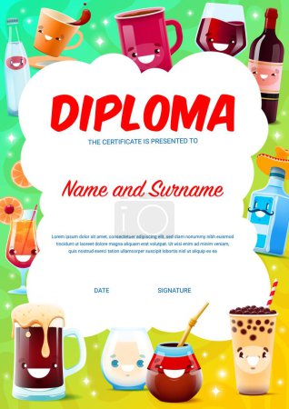 Illustration for Sommelier or bartender diploma with cartoon drink and cocktail characters, vector certificate. Appreciation award or diploma for bartender or sommelier with funny bottle of tequila, whiskey and wine - Royalty Free Image