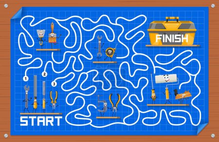 Illustration for Labyrinth maze, help to cartoon repair and DIY work tool characters find toolbox, vector quiz game. Kids labyrinth maze puzzle worksheet to find way for screwdriver, chisel and wrench to toolbox - Royalty Free Image