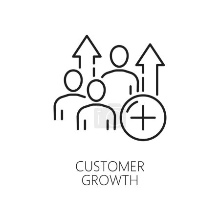 Illustration for Customer growth. CDN. Content delivery network icon, blog or web portal content users, networking technology, web media publishing system and CDN thin line vector symbol with people figures, up arrow - Royalty Free Image