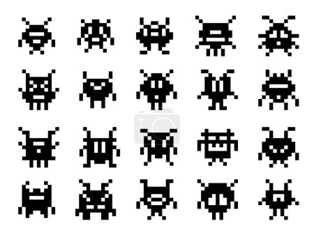 Ilustración de Pixel monstruos, criaturas espaciales y personajes robóticos alienígenas de dibujos animados de juego de arcade, vector retro 8 bits iconos. Divertidos robots lindos o demonios de galaxias y monstruos extraños para videojuegos o arte de píxeles de 8 bits - Imagen libre de derechos