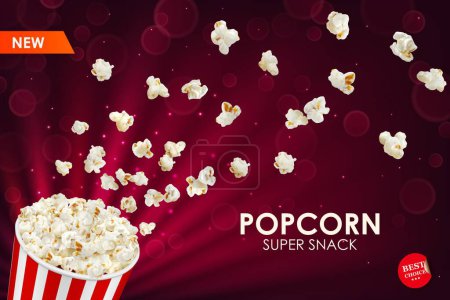 Illustration for Movie cinema popcorn bucket with flying snacks of pop corn burst explosion, vector background. Popcorn splash from bucket for cinema bar menu, movie theater ticket or premiere poster with light flare - Royalty Free Image