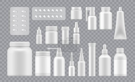 Illustration for Pharmacy package of vitamins and cosmetics, drug pills or capsules. Vector realistic mockup of essential nutrients and skincare products in bottles, sprayers, blisters or tubes for health and wellness - Royalty Free Image